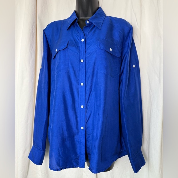 Lauren Ralph Lauren Women's Sz 12 100% Silk Royal Cobalt Blue Button Down Blouse - Picture 1 of 6